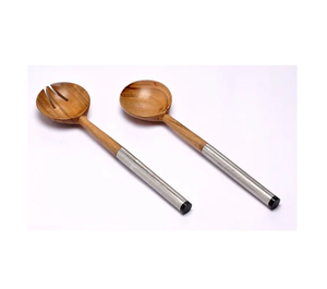 Natural Finisbing <b>Serving</b> <b>Spoon</b> & Fork Great Quality Natural Wood Fruit and Vegetable Salad Server With Metal Handle - Product Image 1