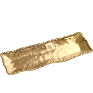 Luxury Hammered <b>Gold</b> Metal Platter Elegant Decorative <b>Serving</b> <b>Tray</b> Handcrafted Rectangular Beaded Edge New Tabletop Centerpiece - Product Image 1