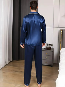 <b>Men's</b> Casual Home Wear Two Pieces Sleepwear <b>Set</b> Long Sleeve Button Shirt Top Long Pants Loungewear <b>Men's</b> Ice Silk <b>Pajamas</b> <b>Set</b> - Product Image 6