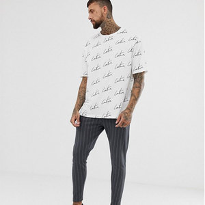 T-shirt blanc à manches courtes pour homme avec motif imprimé lettres, coupe classique, col rond, style décontracté, tissu jersey 100% coton - Product Image 1