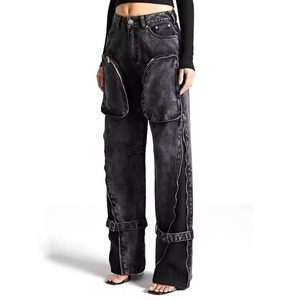 Pantalones Cargo de Mezclilla para Mujer, Cintura Alta, Ecológicos, Transpirables, con Cremalleras y Aberturas, Corte Regular, Largos - Product Image 3