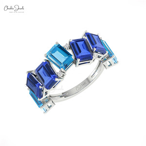 Anillo de media eternidad con topacio azul suizo y tanzanita de corte octogonal de 7x5 mm, en oro fino de 14k, anillo de cóctel con diamantes, de proveedores verificados - Product Image 3