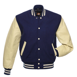Custom <b>Jacket</b> Letterman Varsity Bomber <b>Jacket</b> Cream Real Leather Arms Navy Blue Wool~L - Product Image 1