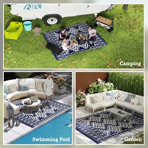 Tappeto da Esterno Reversibile Blu e Bianco con Bordo a Rombi 8FT X 10FT, Impermeabile in Plastica Intrecciata con Borsa per il Trasporto - Product Image 5