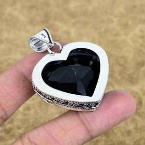 Pendentif en spinelle noire facettée naturelle, fait main, en argent sterling 925, forme cœur, pierre précieuse, bijoux vintage - Product Image 4
