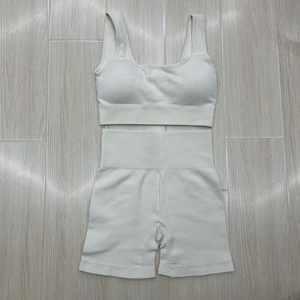 Meilleures ventes : Ensemble 2 pièces côtelé sans couture respirant en Spandex/Nylon pour femme – Legging taille haute et brassière de sport pour le fitness et le yoga - Product Image 5