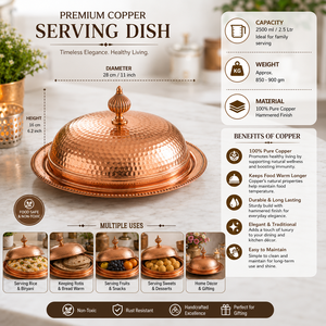 Plateau de service alimentaire en cuivre martelé artisanal avec couvercle en dôme, plateau de luxe pour buffet, plateau de service pour hôtel, restaurant, traiteur, plat de service pour la maison - Product Image 5