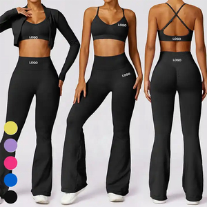 <b>Women</b> High Waist Flared Leg <b>Yoga</b> Set Solid Color Breathable Seamless 2 Piece Sportswear Top And <b>Pants</b> - Product Image 1