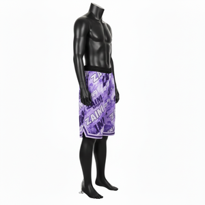 Shorts de bain en maille polyester premium, imprimé sublimation intégral violet, logo personnalisé imprimé à l'écran, respirant, shorts en maille pour homme - Product Image 3