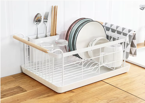 OEM/ODM Vietnam Single Tier Stainless Steel <b>Dish</b> Drainer <b>Rack</b> with Wooden Handles Removable Tray Organizer - Product Image 3