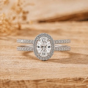Anillo de compromiso de oro macizo de 10K, 14K, 18K con diamante ovalado/redondo cultivado en laboratorio certificado por IGI, halo solitario y doble banda de eternidad al por mayor - Product Image 2