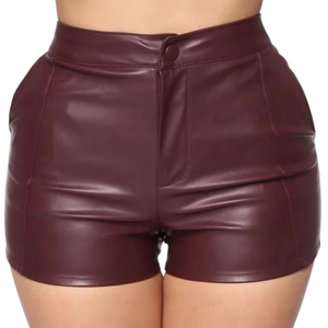 Women's QASWA SPORTS <b>Burgundy</b> Leather Mid-Rise Smart Casual Fitted <b>Short</b> Pants Elastic Waist Quick-Dry Anti-Wrinkle Solid Button - Product Image 1