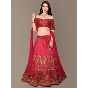 Sofisticado Vestido de Noche Rojo Bordado, Lehenga Choli Semi-Cosido para Fiestas de Zeel Clothing - Product Image 3