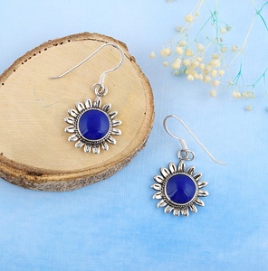 Wholesale Natural Lapis Lazuli Sunflower <b>Dangle</b> <b>Earrings</b> Silver Plated Boho Gemstone Drop <b>Earrings</b> Women Fashion Jewelry Trendy - Product Image 3