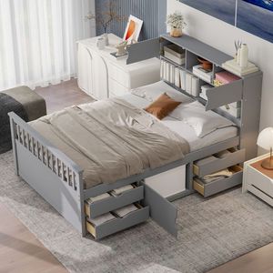 Full-Size Gray Captain Platform Bed Frame with Storage <b>Bookcases</b> & Shelves 4 Drawers-<b>Wooden</b> Beds - Product Image 3