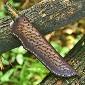 Cuchillo Tanto de Acero de Damasco Hecho a Mano, Personalizado OEM, para Camping, con Mango de Madera, Hoja Fija, Funda de Cuero para Exteriores - Product Image 3