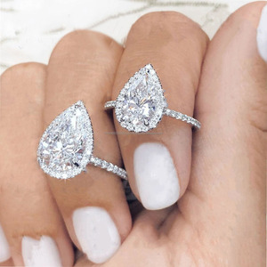 Media eternidad diamante simulado 14K oro blanco anillo de compromiso corte de pera Halo CZ anillo de Boda nupcial Moissanite Prong Set anillo - Product Image 4