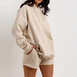 Hot Selling OEM Custom Women Winter Plus Size Casual Solid Color Fleece Eco-Friendly Oversized Hoodie Shorts Set For Sale - Product Image 6