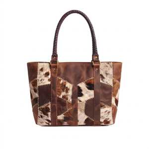Bolso Tote de Cuero Marrón Estilo Western con Parches de Piel de Vaca, Borla Turquesa y Asas Trenzadas para el Estilo Diario de la Mujer - Product Image 4