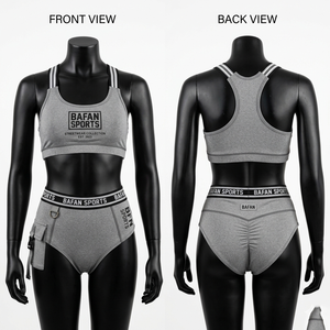 ชุดว่ายน้ำผู้หญิงคุณภาพสูง 210 GSM ผ้าไนลอนยืด สีเทา แบบสองชิ้น สายไขว้หลัง เอวสูง ลายพิมพ์โลโก้ - Product Image 4