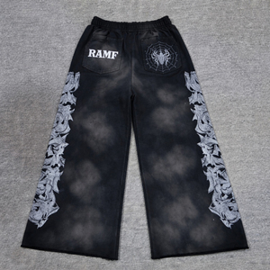 Pantalones de algodón holgados con doble cintura, efecto lavado y desgastado, estilo streetwear para hombre, de pierna ancha - Product Image 1