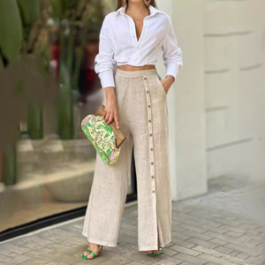 Women's Casual Eco-Friendly <b>Linen</b>/Cotton <b>Two</b>-<b>Piece</b> Set V-Neck Short Crop Top & Full-Length Loose Wide Leg Pants - Product Image 4