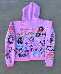 Sudadera con capucha con cremallera y estampado gráfico Vintage personalizable, ropa de calle multicolor para invierno, sudadera con patrón de letras DTF - Product Image 3