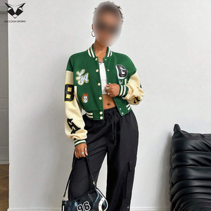 OEM ODM Winter Going Out Casual Hip-Hop Letter Print Contrast Color Long Sleeve Green Color College Baseball Varsity Jackets - Product Image 3
