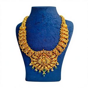 Collier de mariée antique en or massif 22 carats, bijoux de temple, motif paon, rubis, émeraude, style indien, disponible en OR/ARGENT/BRASS - Product Image 1