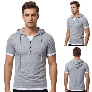 T-shirt à manches courtes gris pour homme, coupe slim, bordure contrastée, tricoté, couleur unie, collection de t-shirts décontractés en provenance du Bangladesh - Product Image 1
