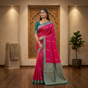 Sari en soie Banarasi tissé, dernier design, avec franges, pour les occasions festives, disponible à prix abordable. - Product Image 4