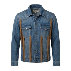 Veste en jean bleue personnalisée avec franges en daim, fabricant OEM de vêtements western, fournisseur d'usine de vêtements d'extérieur vierges en gros - Product Image 1