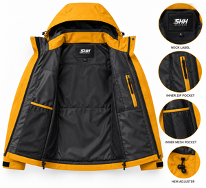 Men’s Mustard Yellow Hooded Rain <b>Jacket</b> <b>Lightweight</b> Waterproof Shell Windbreaker with Storm Flap Zip Pockets Adjustable Cuffs - Product Image 4