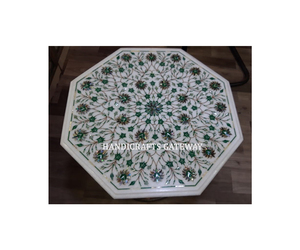 Plateau de table à manger de forme octogonale en marbre blanc, design floral exclusif et antique, finition de haute qualité, conçu par un designer indien - Product Image 5