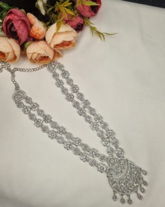 Elegant Rhodium Plated Cubic Zirconia <b>Jewellery</b> <b>Set</b> Multi Layer Long Necklace Matching Earrings Mangtika Partywear <b>Set</b> Wholesale - Product Image 2