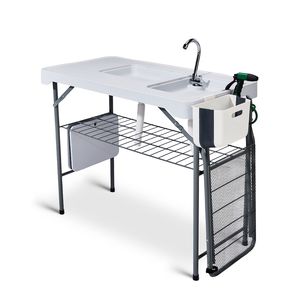 Tavolo Pieghevole Portatile da 108 cm per Pulizia Pesci con Doppio Lavello, Supporto Estensibile Pieghevole e Griglia con Rubinetto e Spruzzatore - per Campeggio - Product Image 3