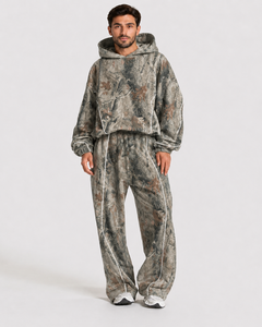 Ensemble de survêtement camouflage surdimensionné pour homme OEM Contrastline, en molleton de coton premium, avec sweat à capuche à passepoil contrastant et pantalon de jogging à jambes larges - Product Image 1