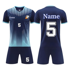 ชุดเสื้อฟุตบอลทีมชายแบบซับลิเมชั่น คอวี แขนสั้น ผ้าโพลีเอสเตอร์ระบายอากาศ สีน้ำเงินไล่เฉด - Product Image 1