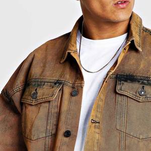 Wholesale Men's Vintage Jeans <b>Jacket</b> 100% Cotton 300gsm Distressed <b>Cropped</b> Hem Acid Wash Applique <b>Denim</b> <b>Jacket</b> - Product Image 4