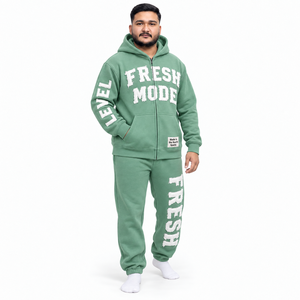 Rexfit Sports Men's Hooded Tracksuit Set Green Fleece <b>Full</b> <b>Zip</b> <b>Sweatshirt</b> Pants Casual Streetwear Breathable Flock Print Letter - Product Image 1