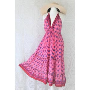 Boho Pink Halter Maxi <b>Dress</b> for Women Long Sleeve Plain Dyed Modern Eco-Friendly Beach Vacation Sundress with Tiered Ruffle Hem - Product Image 1