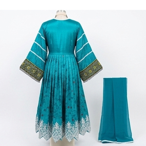 Women Salwar Kameez Floor Length Embroidered Dress Polyester Loose Fit Wedding Wear <b>Blue</b> Green Patterned Afghan kuchi Dress - Product Image 2