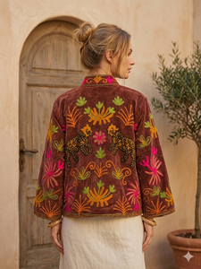 Veste en velours marron pour femme, brodée Suzani, imprimé léopard, manches longues, doublure en coton, artisanat de Jaipur, vêtement ethnique - Product Image 3