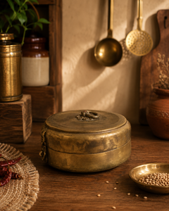 Recipiente Redondo de Latón Vintage para Almacenamiento de Alimentos con Tapa Metálica, Hermético, Hecho a Mano, Diseño Tradicional Indio - Product Image 4