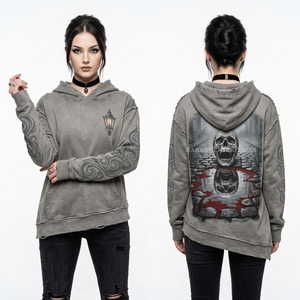 Sudadera con capucha para mujer, lavado ácido, 500GSM, gris piedra, con gráfico de calavera desgastada, estilo gótico, oversize, streetwear, reflectante - Product Image 1
