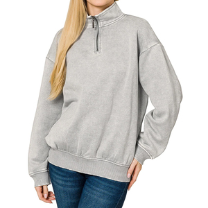 Sudadera de punto gris para mujer con media cremallera, cuello simulado, ajuste regular, mezcla de algodón sólido, transpirable, informal, para otoño - Product Image 4