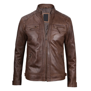 Chaqueta de cuero genuino marrón para motocicleta para hombre, abrigo de motociclista con cremallera, resistente al viento, transpirable, ropa de calle - Product Image 1