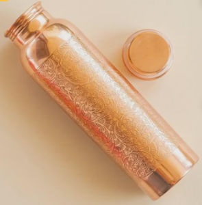 Bouteille d'eau en cuivre unisexe, gourde d'hydratation traditionnelle ayurvédique, récipient à eau en métal à motif floral de vigne - Product Image 3