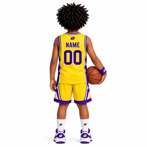 Uniforme de Baloncesto Juvenil SINEWY SPORTS, Conjunto Amarillo y Morado, Jersey y Pantalones Cortos de Malla Sublimada, Transpirable, Nombre y Número Personalizables - Product Image 2
