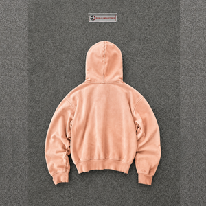 Sweat à capuche zippé oversize personnalisé couleur pêche avec motif croix abstrait, en molleton délavé, style streetwear, manches classiques, 100% coton K - Product Image 6
